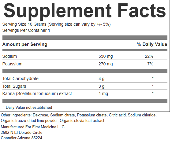 Supplement Facts label for 1 mg electrolyte mix