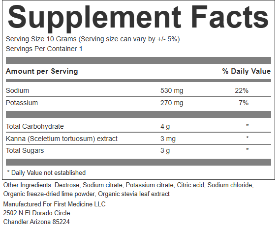 Supplement Facts label for 3 mg electrolyte mix