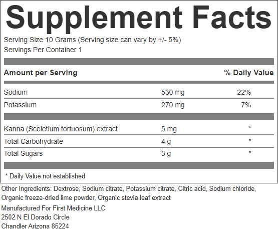 Supplement Facts label for 5 mg electrolyte mix